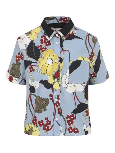 Marni Floral Cotton Short-sleeve Button-down Shirt In Blue