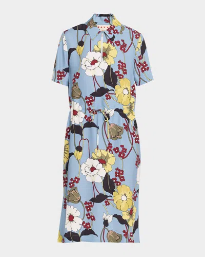 Marni Floral Short-sleeve Drawstring Midi Dress In Blue