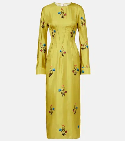 Marni Floral Silk Midi Dress In Yellow