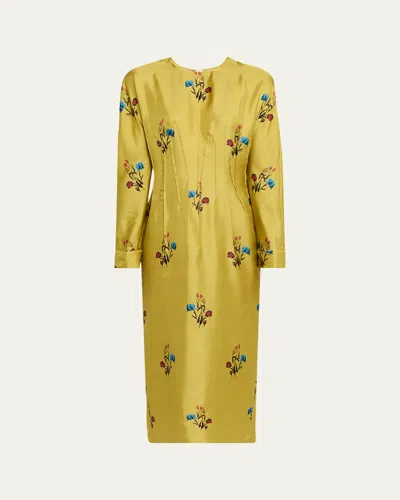 Marni Floral Silk Twill Long-sleeve Maxi Dress In Yellow