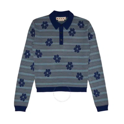 Marni Floral Striped Polo Shirt In Blue