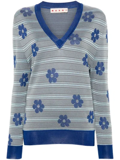 Marni Floral Striped Sweater In Blue