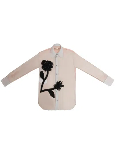 Marni Floral-tulle-applique Silk Shirt In Grey