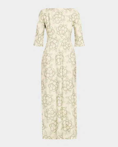 Marni Floral Viscose 3/4 Sleeve Maxi Dress In White