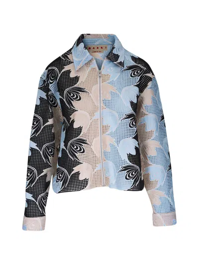 Marni Floral-embroidered Mesh Jacket In Blue