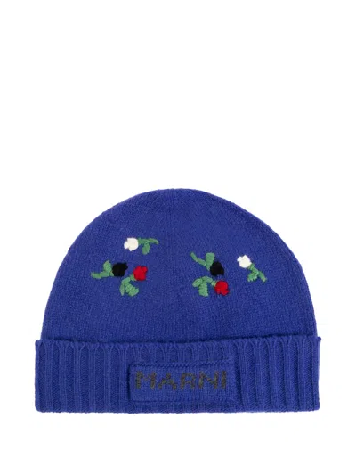 Marni Floral-embroidered Ribbed-trim Wool Beanie In Blue
