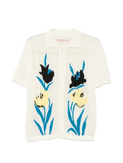 Marni Floral-intarsia Mesh Cardigan In Brown