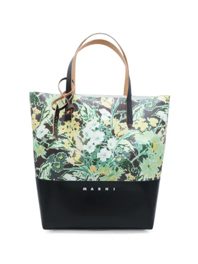 Marni Floral-print Logo-print Tote Bag In White