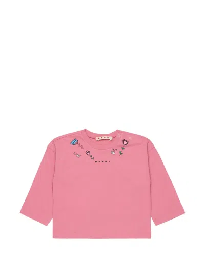 Marni Babies' Floral-print Logo-print T-shirt In Pink