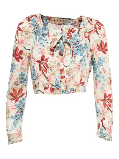 Pre-owned Marni Floral-print Pleated Blouse In White