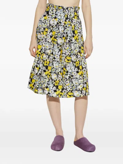 Marni Cotton Floral Print High-rise Pleated Midi Skirt In Yellow