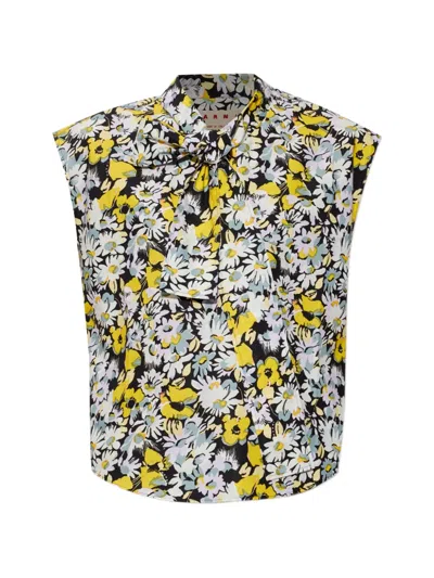 Marni Pop Flowers Print Cotton Bow Top In Black