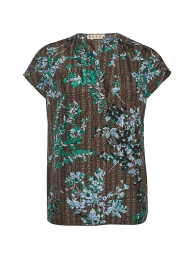 Pre-owned Marni Floral-print Silk Blouse In Brown