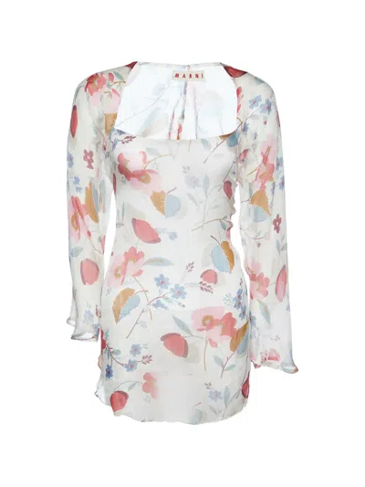 Pre-owned Marni Floral-print Silk Blouse In White
