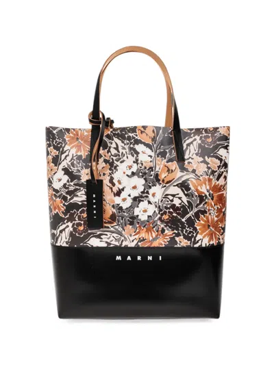 Marni Floral-print Tote Bag In Black