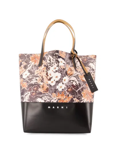 Marni Tribeca Floral Two-tone Tote Bag In Black