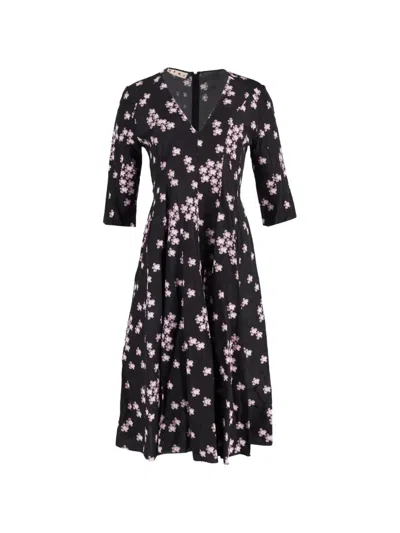 Pre-owned Marni Floral-print V-neck Dress In Black