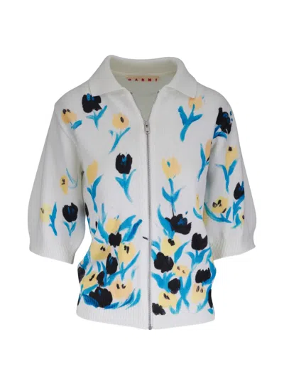 Marni Floral-print Zip-up Cardigan In White