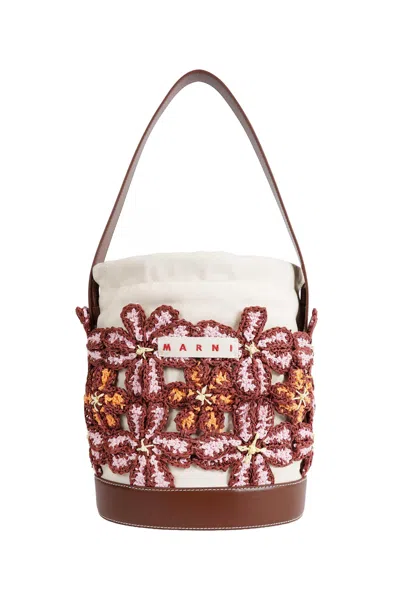 Marni Flower Bucket Bag In Brown