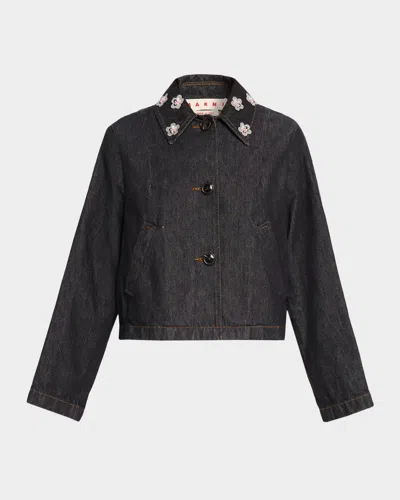 Marni Flower Embroidered Crop Denim Jacket In Black
