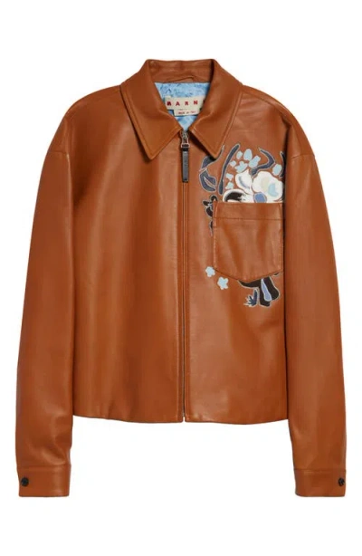 Marni Brown Leather Overshirt With Flower Intarsia