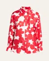 Marni Flower Print Classic Button Down Silk Top In Crimson