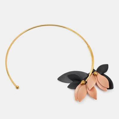 Pre-owned Marni Flower Resin Leather Gold Tone Open Necklace