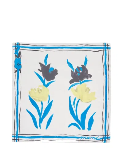 Marni Blue Floral Print Silk Foulard In White
