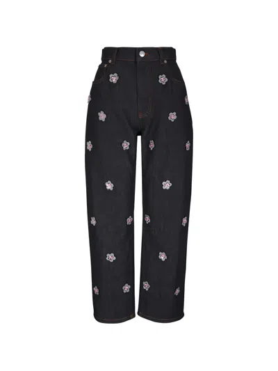 Marni Flower-embellished Straight-leg Jeans In Blue
