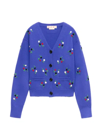 Marni -style Cardigan With Hand-embroidered Flower Motifs In Blue