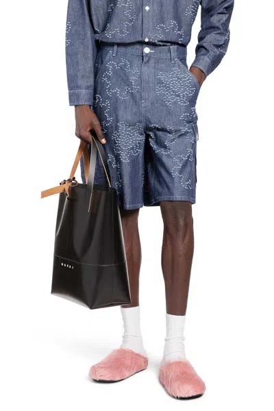 Marni Frayed Sun Motif Cargo Shorts In Blue