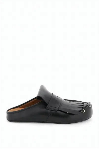 Marni Fringed Black Calf Leather Slip-on Mules In White
