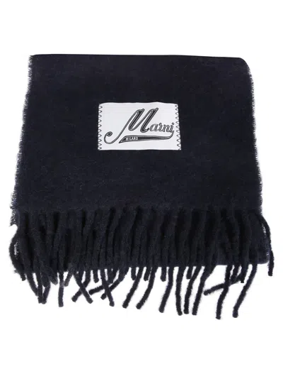 MARNI FRINGED BLACK SCARF WITH TEXTURED PATCH