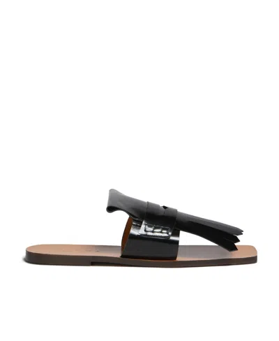 Marni Fringed Leather Flat Sandals In Black