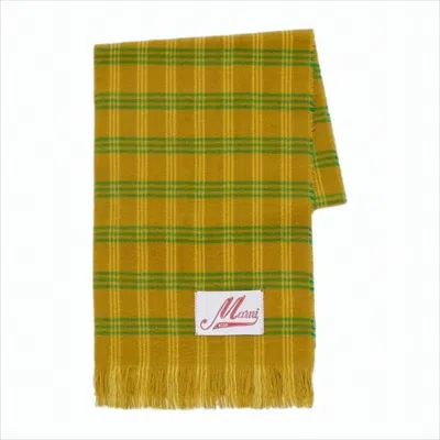 Marni Fringed Mohair Scarf With Green Plaid Accents In Brown
