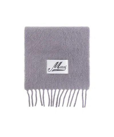 Marni Fringed Logo-patch Scarf In Purple