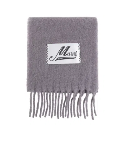 Marni Logo-patch Fringed Scarf In Gray