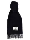 Marni Fringed Wool Blend Scarf With Maxi Logo Patch In Black