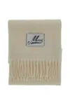 Marni Fringed Wool Scarf With Logo Label In Neutral