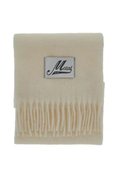 Marni Fringed Wool Scarf With Logo Label In Neutral