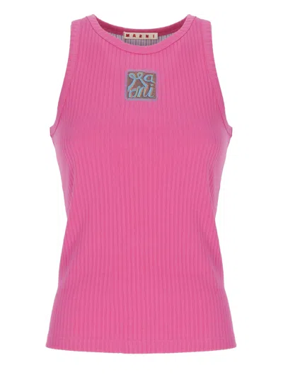 Marni Fuchsia Logo Ribbed Cotton Tank Top In Pink