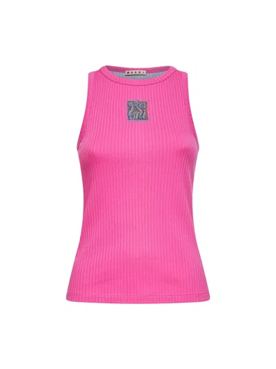 Marni Fuchsia Ribbed Cotton Logo Tank Top In Pink