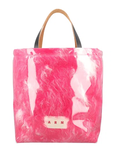 Marni Fur And Pvc Double Handle Tote Handbag In Fuchsia For Women In Pink
