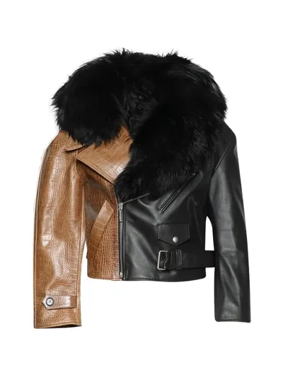 Marni Fur Collar Croc Effect Jacket In Brown