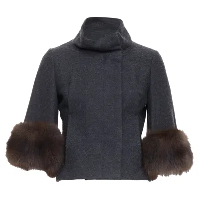 Marni Fur Trim Flare Wool Blend Cropped Jacket In Grey