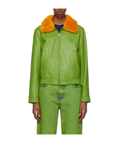 Marni Furry Collar Zipper Leather Jacket In Green