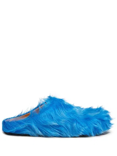 Marni Blue Long Hair Calfskin Fussbett Slip-on Loafers In 00b46 Mineral Blue