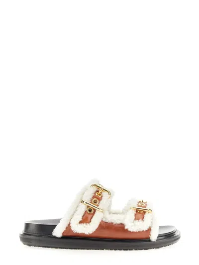 Marni Gold-tone Buckle Shearling Slides In Multicoloured