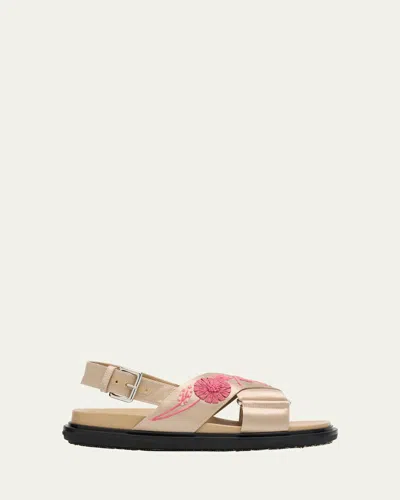Marni Fussbett Floral Embroidered Satin Crisscross Sandals In White