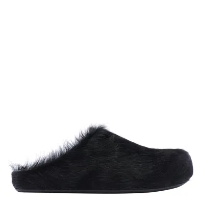 Marni Faux Fur Round Toe Sandals In Black